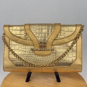 ELAINE TURNER “Alice” Gold Croc Embossed Oversized Envelope Clutch Purse Bag